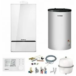Buderus GB182i Logaplus Gas-Brennwert Heizungspaket W42 Mit Regelung RC310 In Weiß Und S120 Speicher, 20 KW