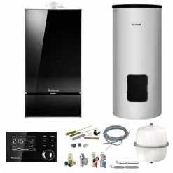 Buderus GB182i Logaplus Gas-Brennwert Heizungspaket W42 Mit Regelung RC310 In Schwarz Und SU200 Speicher, 24 KW